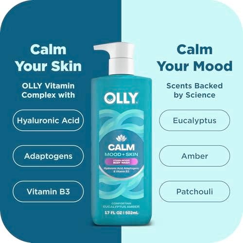 OLLY Calm Body Wash with Hyaluronic Acid, Adaptogens & Vitamin B3? Nourishing Cleanser for Skin Barrier Repair, Deep Hydration, Eucalyptus Amber Scent, 17oz