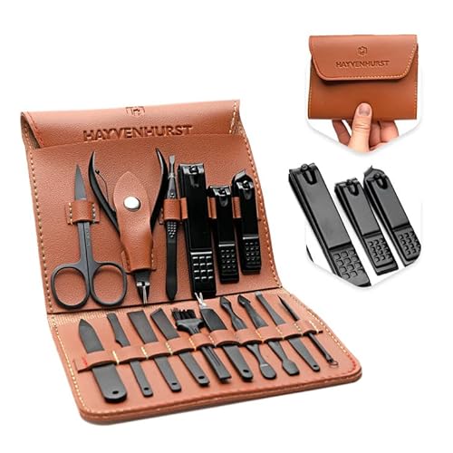 Nail Kit - Nail Clipper Set - Manicure Set -16 Stainless Steel Pieces Manicure Kit For Men¡¯s - Pedicure Kit For Men - Mens Grooming Kit With Brown Leather portable Case by Hayvenhurst