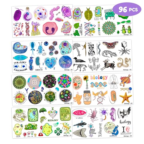 (96 PCS) Funny Biology Science Student Major Temporary Tattoos Birthday Themed Party Supplies Decorations Favors Cute Stickers Tattoo Gifts for Kids Girls Boys Teachers Decor School Reward Christmas