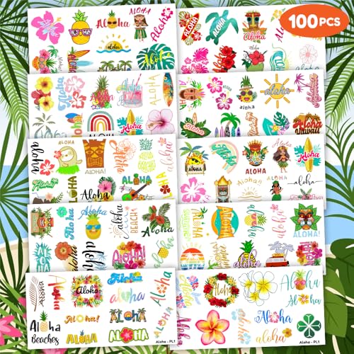 100 PCS Aloha Hawaiian Luau Temporary Tattoos Themed Birthday Party Decorations Favors Supplies D?cor Tropical Hibiscus Plumeria Hawaii Tattoo Stickers Gifts For Game Boys Girls Classroom School