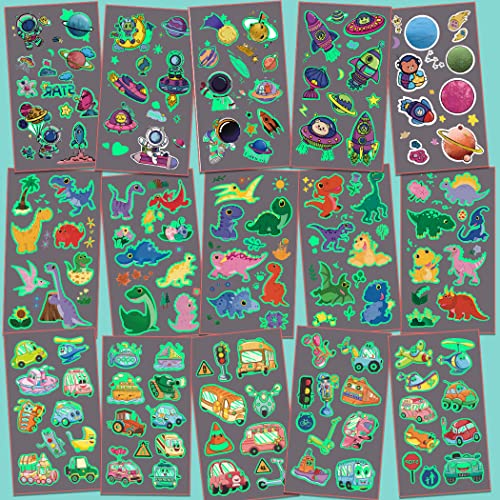 Metker 360PCS Luminous Waterproof Temporary Tattoos - Dinosaurs, Vehicles, Space Themes for Kids Party Supplies