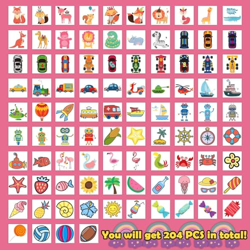 Partywind Kids Temporary Tattoos, 204 PCS Fake Tattoo Stickers for Kids Party Supplies Favors Decorations, Surprise Birthday Goodie Bag Stuffers (Individually Wrapped)