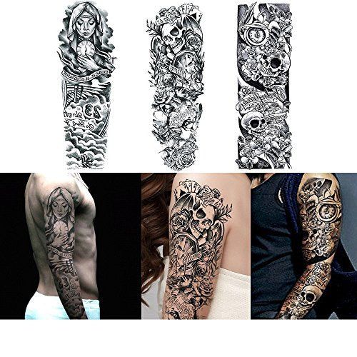 18.9x6.7 8 Sheets Extra Large Temporary Fake Tattoos Set for Men and Women, Full Arm Tattoo Sticker Skull Flower Paper Decal Fake Tattoos Sleeve DIY Black Body Art Sticker, Black 1