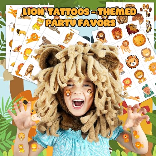 96PCS Cute Lion Pre-Cut Temporary Tattoos ? Safari Jungle Theme Birthday Party Decorations Supplies, Party Favors, Fun Stickers for Kids Adults Boys Girls, Classroom Gifts & Rewards