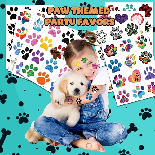 96 PCS Cat Dog Paw Print Pre-Cut Temporary Tattoos Sticker Tie Dye Animal Themed Birthday Party Supplies Decorations Decor Favors Gifts Ideas Girls Boys Cute Let¡¯s Pupply Pet Fake Tattoo School Reward