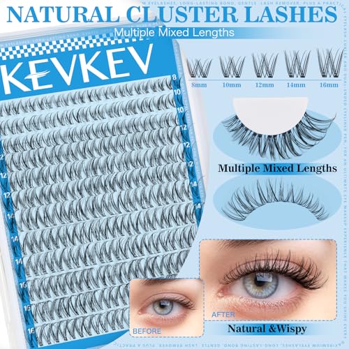 Wispy Lash Clusters Kit Invisible Thin Band Natural Eyelash Clusters 8-16mm Lash Extension Kit Mix Length Clear Band Natural Look Cluster Eyelash Extensions With Lash Bond DIY Lash At Home(Wispy02)