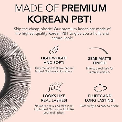 KIARA SKY LASH Premium Cashmere Easy Fan Lash Extensions | Soft Semi-matte natural finish | Fans like Butter | For Professional Eyelash Extensions Use Only | Black, (CC-0.07-16MM)