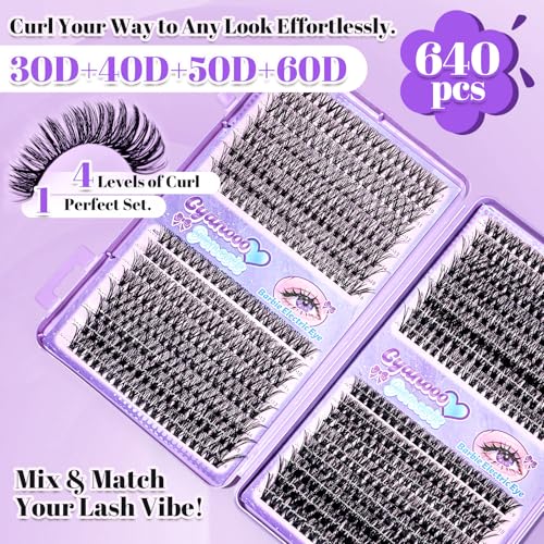 Lash Clusters Kit 640pcs 30D 40D 50D 60D D Curl 9-16mm Individual Lashes Fluffy Wispy Lightweight Thin Band DIY Eyelash Extensions with Bond and Seal + Tweezers for Beginners At Home Natural Full Look