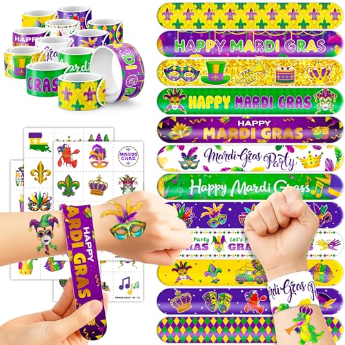 72PCS Holiday Fat Tuesday Party Favors - 48Tattoos & 24 Slap Bracelets - Fun Birthday Party Supplies, Baby Shower Gifts, Classroom Rewards & Nurse-Themed Decor for Kids