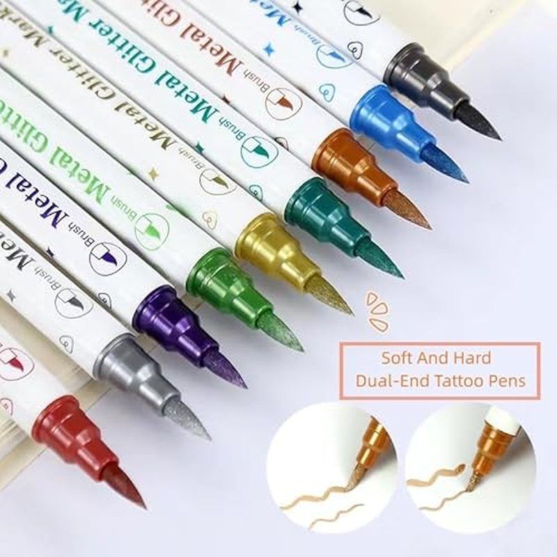 Temporary Tattoo Markers for Skin, 10 Body Markers Make Bold and Fine Lines, Cosmetic Quality + Tattoo Stencils for Kids and Adults, Dual-End Tattoo Pens for Body & Face Art, Halloween Makeup Kit