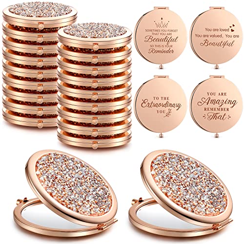 Roowest 16 Pack Metal Rhinestone Compact Mirror Bulk for Women Inspirational Rose Gold Magnifying Pocket Mirrors for Purses Women Day Gift Wedding Bridal Shower Favors