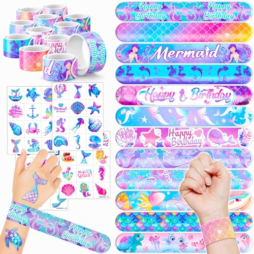 72 PCS Mermaid Party Favors - 48 Temporary Pre-Cut Tattoos & 24 Slap Bracelets - Party Favors for Boys & Girls, Birthday Goodie Bag Fillers, Baby Shower Gifts, Classroom Rewards