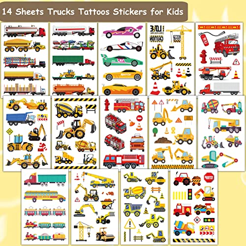 Cars and Trucks Tattoos for Kids - 14 Sheets Cars Construction Tractor Temporary Tattoos for Boys Birthday Party Favors Goodie Bag Fillers