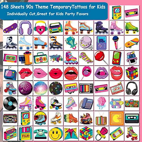 148 PCS 90s 80s Theme Temporary Tattoos for Kids - Retro Individual Tattoos for Boys Girls 90s Birthday Party Favors Goodie Bag Fillers