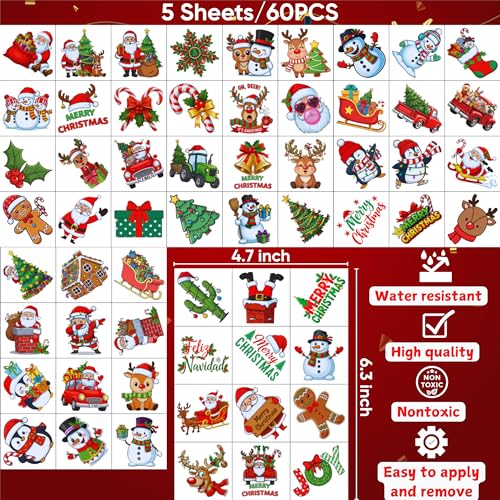 Christmas Temporary Tattoos | Christmas Decorations Party Favors Accessories Goodie Bags Stocking Stuffers Stickers Xmas Santa Claus Reindeer Snowman Gift Idea For Kids Boy Girl Teen Adult-60Pcs