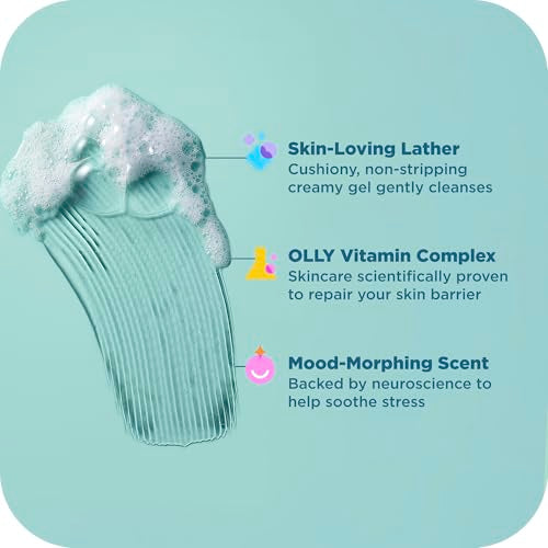 OLLY Calm Body Wash with Hyaluronic Acid, Adaptogens & Vitamin B3? Nourishing Cleanser for Skin Barrier Repair, Deep Hydration, Eucalyptus Amber Scent, 17oz