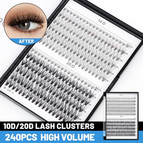 Bodermincer Lash Extension 240pcs C Curl 10D/20D Cluster 8/9/10/11/12mm,10/11/12/13/14mm,12/13/14/15/16mm Mixed Individual Cluster Lashes (10D+20D 12/13/14/15/16mm and Under Eyelashes)