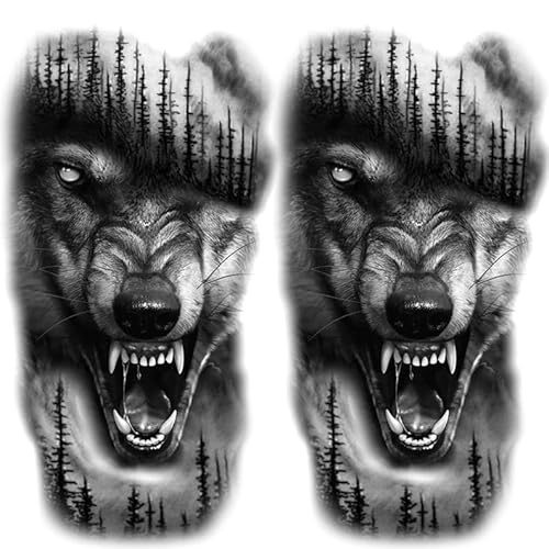 2 Sheets Realistic Animal Temporary Tattoos Stickers Forest Wolf Tree Designs For Men Waterproof Arm Leg Fake Body Art, Gym & Parties Bold Masculine Decals