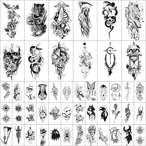 GLARYYEARS Temporary Tattoo for Men, 48-Pack 12 Large 36 Small Fake Tattoos, Long-lasting Realistic Tattoo Stickers, Halloween Cool Black Skull Snake Death Designs for Adults Women for Body Half Arm