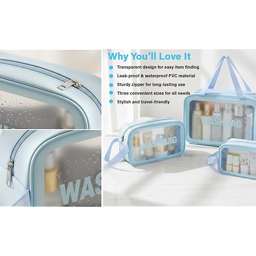 Makeup Cosmetic Bag Travel Organizer ? 3 Piece Set in Blue, PU+PVC Material ? Small, Medium, Large ? Waterproof, Durable & Stylish Toiletry Bags for Women