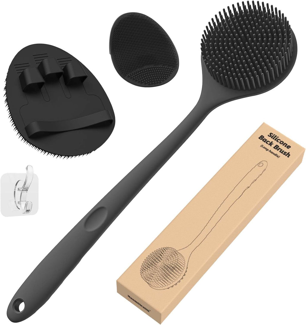 Manmihealth Silicone Back Scrubber (Thick Bristles) & Bath Glove & Face Brush Set(3PCS), Super-Exfoliating & Lathering Body Scrubber, Shower Brush, Face Scrubber Combination, with a Free Hook.(Black)