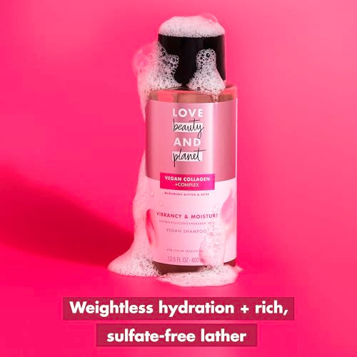 Love Beauty and Planet Vegan Collagen Moisture Shampoo, 13.5oz, Cruelty-free, Murumuru Butter & Rose for Color-Treated Hair Vibrancy, free from Sulfate, Paraben, Silicone