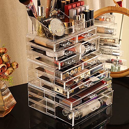 Cq acrylic 4 Pack Clear Skincare Organizer for Vanity,Stackable 11 Drawers Make Up Organizer,Cute Cosmetic Organizer for Vanity Jewelry,Hair Clip,Beauty,Skincare Product Dresser Acrylic Desk Organizer