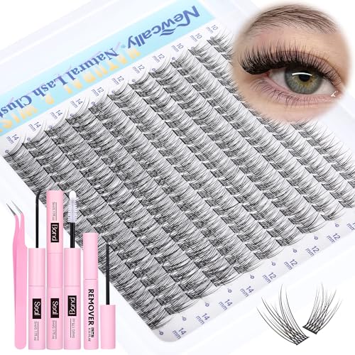 Natural Lash Extension Kit Cluster Lashes Kit Cluster Eyelash Extension Kit 220Pcs C-curly DIY Eyelash Extension Kit Short 10-14MM Individual Lashes Kit with Lash Remover by Newcally