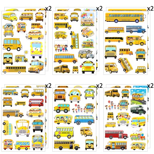 12 Sheets School Bus Temporary Tattoos Stickers, School Bus Birthday Party Supplies Decorations Transportation Stickers Cute Fake Tattoos Goodie Bag Fillers Party Favors School Classroom Reward Gifts
