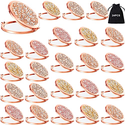 Cindeer 24 Pcs Small Compact Mirror Folding Pocket Makeup Round Hand Held Cosmetic Magnifying Compact Rhinestone Mirror with 1X/2X Magnification for Women Girls Travel (Multi Colors)