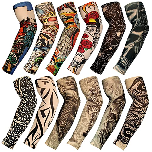 Tattoo Sleeves for Men Women, Temporary Tattoo Sleeve 12Pcs Set Arts Fake Slip On Tattoo Arm Sleeves for Men Women (Pattern C)