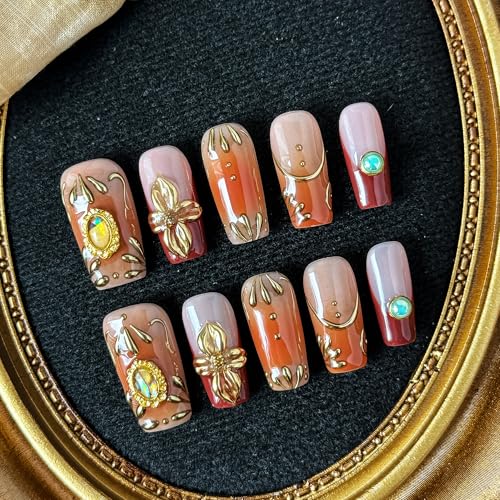 10PCS Autumn Majesty Acrylic UV Gel Press on Nails - 25mm Warm Brown Amber Burgundy Nails with Vintage Gold Details & Gemstone Charms, Luxury Reusable Fake Nails for Women (Multicolor, M)