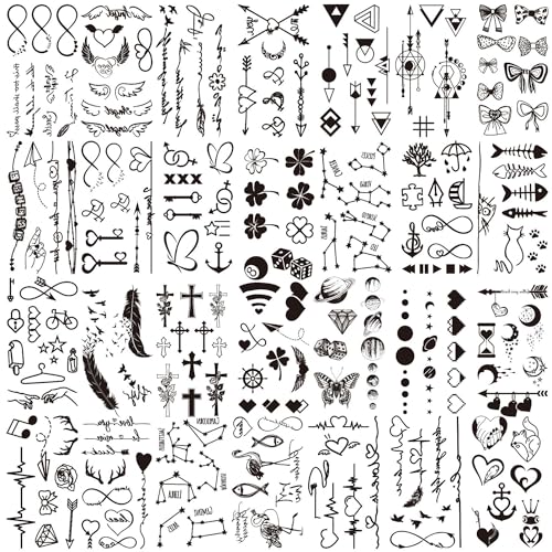 28 Sheets 100+ pcs Minimalism Line Art Small Black Temporary Tattoo, Heart Arrow Butterfly Cross Feather Key Suit for Finger Hand Neck Face