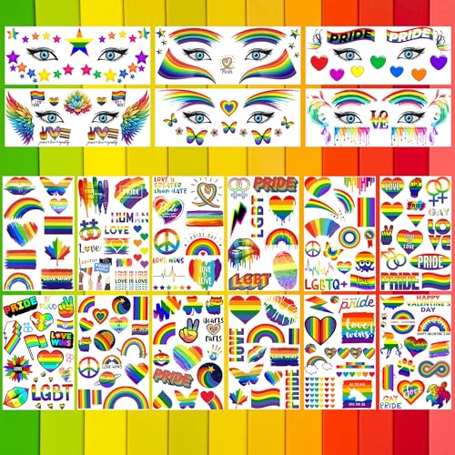 128+ PCS Pride Face Tattoos For Women Men Adults Lovers, Gay LGBTQ LGBT Rainbow Temporary Tattoos Pride Face Stickers, Temp Bulk Fake Tattoos, Rainbow Pride Day Equality Parades Celebrations Festival