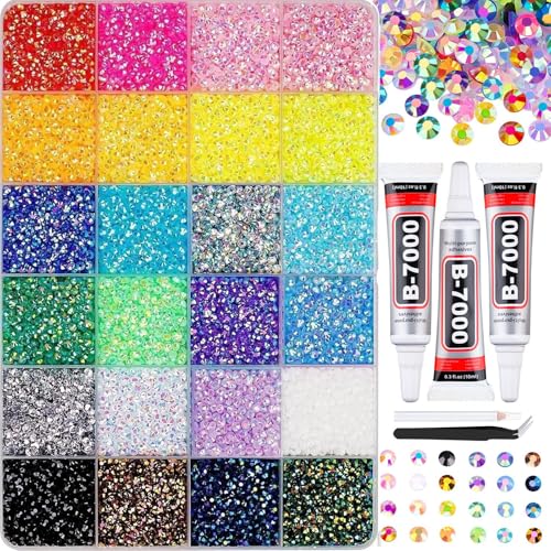 3mm Colorful DIY Resin Rhinestone Kit for Bedazzling, Multicolor Flatback Gems, 3Pcs 10ml B7000 Jewelry Glue for Bedazzled Nail Art Clothing Shoes Nail Book Diamond Art (24000)