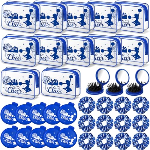 Yungyan 36 pcs Gifts 12 Makeup Bag for Women Party Favors Team Gifts With 12 Sport Hair Scrunchies 12 Round Portable Folding Brush (Blue Cheer)