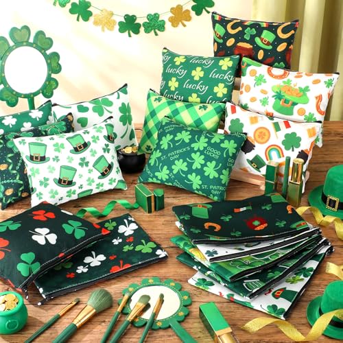 Abbylike 24 Pcs St. Patrick's Day Canvas Makeup Bags Bulk Irish Gifts for Women Shamrock Clover Cosmetic Bags Toiletry Storage Zipper Pouch Travel Purse Toiletry Pocket Organizer for Irish Party Favor