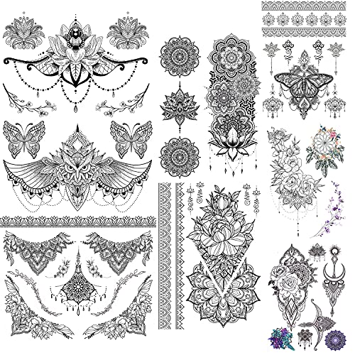 Glaryyears Black Lace Temporary Tattoo for Women Girls, 60+ Patterns 8 Pack Fake Mandara Flowers Tattoos Stickers, Sexy on Body Underboob Arm Chest Shoulder Thigh Abdomen Waist for Beach Party