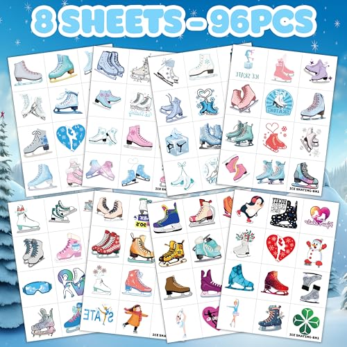 96PCS Ice Skating Temporary Tattoos Stickers Pre-Cut for Kids Girls Boys ? Winter Holiday Birthday Party Favors, Snowflake Skater Party Decorations, Supplies, School Gifts Rewards