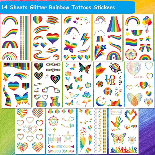 Glitter Rainbow Temporary Tattoos - 140 PCS Glitter Pride Tattoos Butterfly Heart Rainbow Tattoos for Pride Party Favors