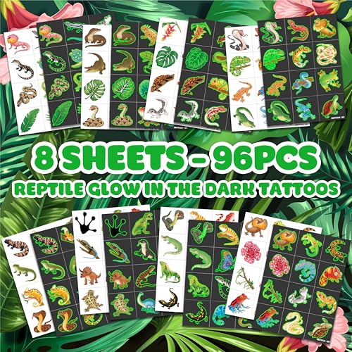 96PCS Reptile Animal Safari Jungle Lizard Pre-Cut Luminous Glow in the dark Temporary Tattoos for Kids | Super Cute Theme Birthday Party Favors Supplies Decorations, Fake Tattoos Gifts for Boys Girls