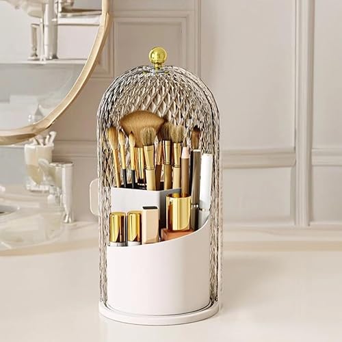 Makeup Brush Holder Organizer with 360¡Æ Rotating Lid Dustproof Makeup Brushes Organizer for Vanity Desktop Bathroom Countertop Clear Cover Easy Visibility (White)