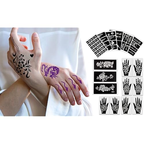 Henna Tattoo Stencil Kit, Self-Adhesive Hand Mold, Flowers & Other Motifs, Suitable for Women, Girls & Teenagers, DIY Body Art