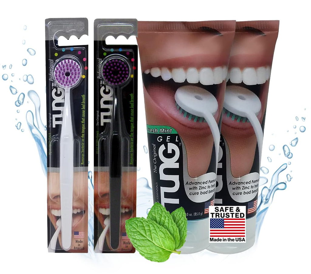 Tung Tongue Brush & Gel Kit | Tongue Cleaner for Adults | Tongue Scraper to Fight Bad Breath and Halitosis | Mouth Odor Eliminator | Fresh Mint | Made in America (Set of 1)