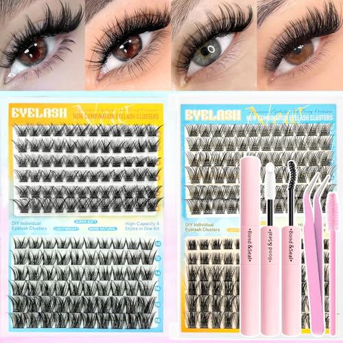 DIY Lash Clusters Extension Kit, 288pcs Natural Wispy Eyelash Clusters with Glue Tools for Home Application, 10-18mm D Curl Complete Starter Kit for Beginners