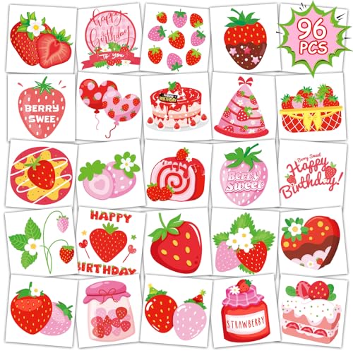 Konsait Strawberry Tattoos, 96Pcs Berry Sweet Strawberry Shortcake Birthday Party Decorations Tattoos, Strawberry Party Decorations & Strawberry Goodie Bag Stuffers, 48 Design
