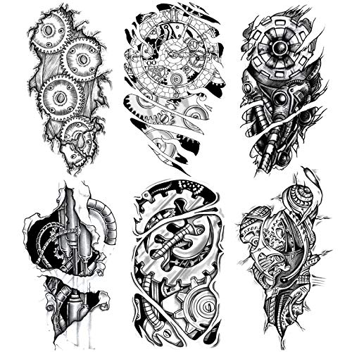 6 Sheets Temporary Tattoo Stickers Muscle Men Black 3D Mechanical Metal Arm Hollow Gear Shoulder Leg