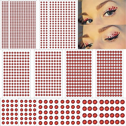 2102pcs Face Gems Stick on, Self Adhesive Hair Jewels Face Rhinestones Stickers Bling Jewels for Hair Nails Makeup Clothes Shoes Bags DIY Craft, 7 Size 14 Sheets (red)