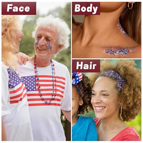 Wehhbtye 2 Set 4th of July Face Glitter, 3.5oz Red White Blue Body Glitter Gels with 2 Silicone Brush, Patriotic Sequins Gel for Independence Day Party Body Hair Nail Makeup Costume Decoration