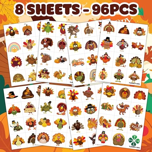 96PCS Thanksgiving Turkey Tattoos Stickers Pre-Cut Themed Autumn Fall Tattoos 1st Birthday Party Decorations Supplies Decor Favors for Kids Harvest Festival Prizes Rewards